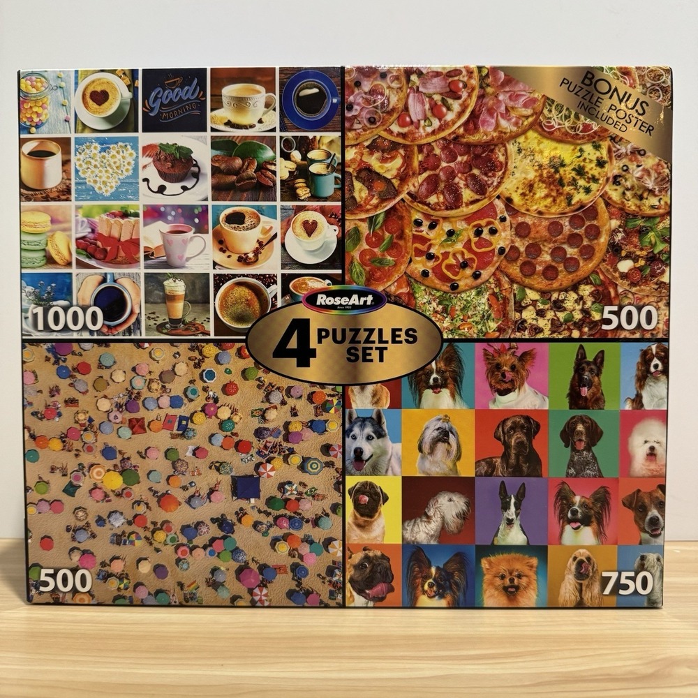 4 Puzzles Set 1000 Pc Coffee 500 Pc Pizza 500 Pc Beach 750 Pc Dogs Roseart NEW